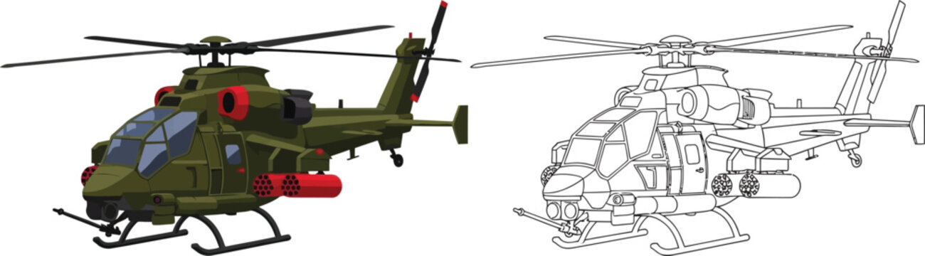 Military attack helicopter with missiles realistic 3D render and line art illustration for defense concepts