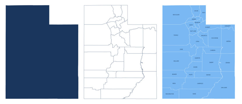 Utah Counties Map with Labels &ndash; State Silhouette and County Boundaries Vector