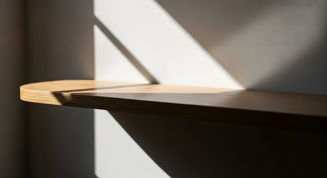 Minimalist wooden live edge shelf with dramatic sunlight and shadows on white wall