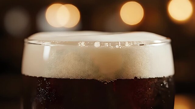 Close up of a refreshing dark beer with a frothy head in a glass.