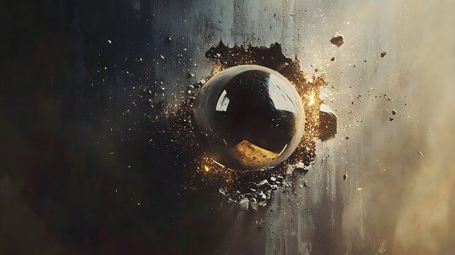A polished chrome wrecking ball impacting a concrete wall creating a dramatic explosion high quality professional detailed modern elegant stylish clean