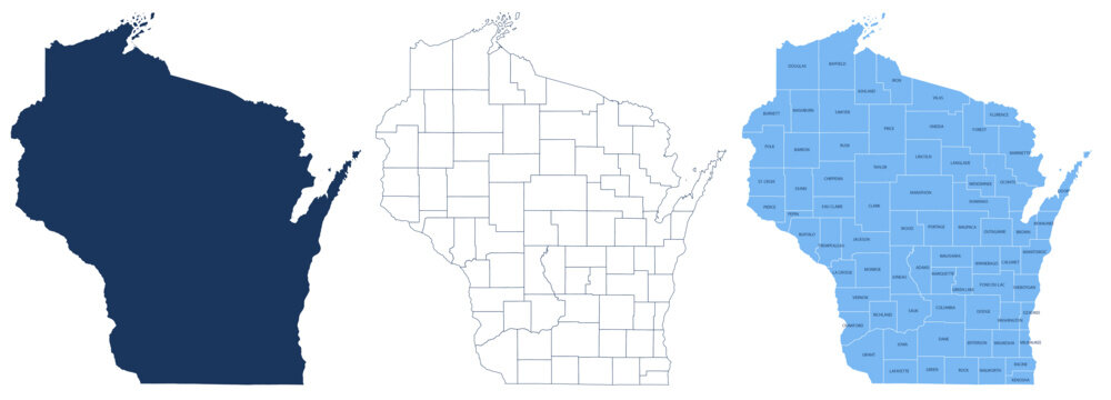 Wisconsin Counties Map with Labels &ndash; State Silhouette and County Boundaries Vector