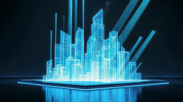 Glowing Blue Geometric City Skyline Rising from a Flat Platform Against a Dark Background with Reflections Below