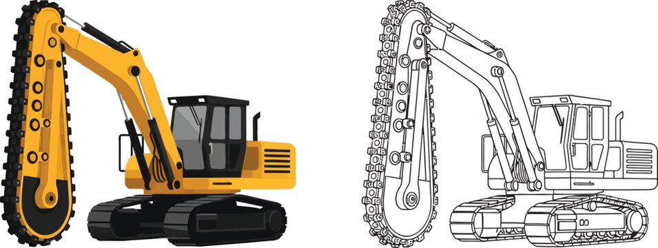 Yellow excavator with a trencher attachment construction equipment illustration isolated on white background