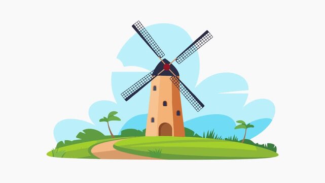 Animated Traditional Windmill Rotating in a Tropical Landscape with Palm Trees and Clouds