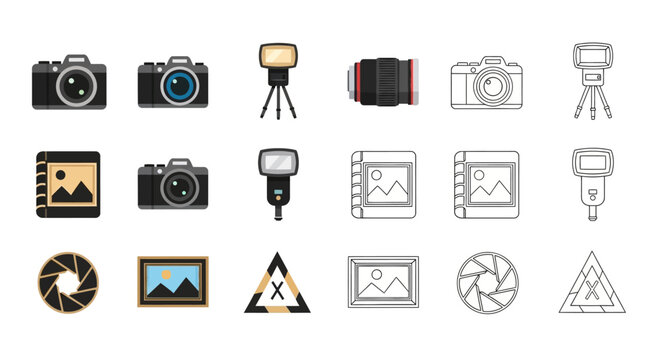 Photography Icons: Cameras, Lenses, Flashes, Apertures, Tripods, Photo Albums