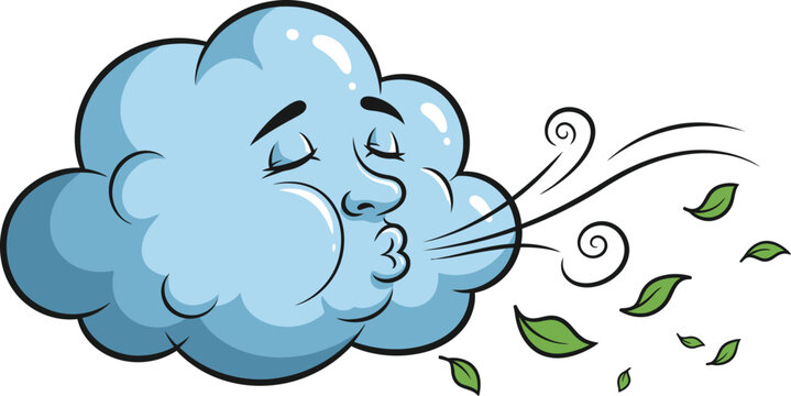Cartoon blue cloud character blowing strong wind moving green leaves.