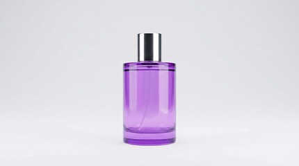 Fototapeta premium The image shows a purple cylindrical perfume bottle with a silver cap on a plain surface.