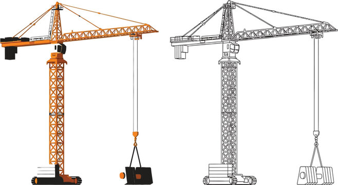 Construction tower crane in orange and outline vector illustration industrial machinery for heavy lifting and building projects isolated on white