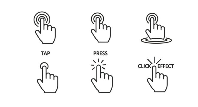 Set of Hand Tap, Click, and Press Icons with Effects