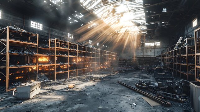 burnt industrial warehouse interior with fire and damaged shelving post disaster scene high quality professional detailed modern elegant stylish clean crisp