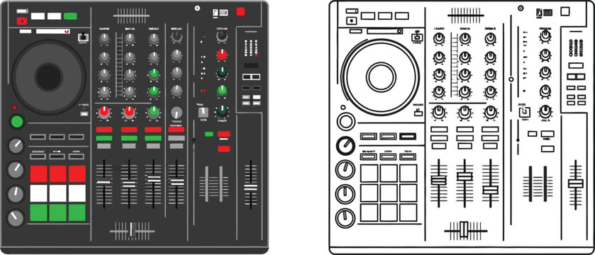 DJ controller with mixer and jog wheel digital audio workstation equipment for music production isolated on white background