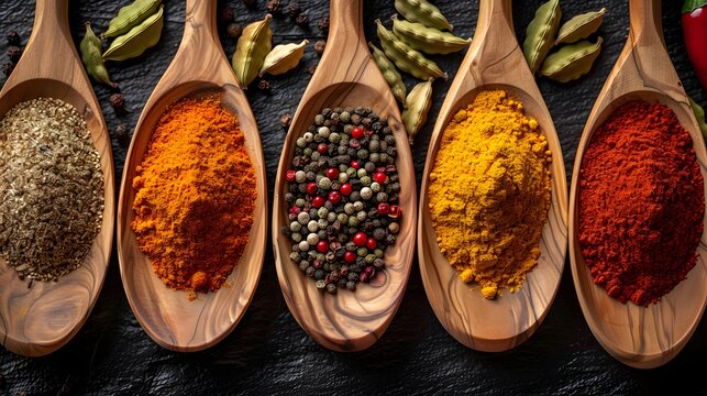 assortment of indian spices in wooden spoons vibrant colors overhead view high quality professional detailed modern elegant stylish clean crisp colorful