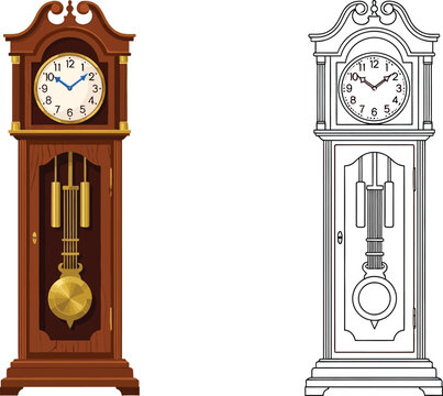 Vintage grandfather clock with pendulum detailed illustration and outline design for antique timekeeping isolated on white