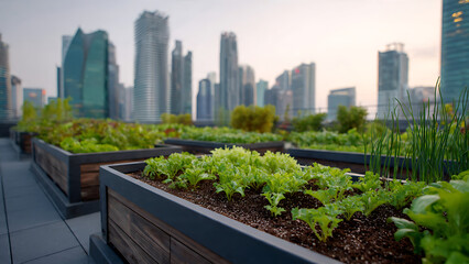 Fototapeta premium Vibrant green produce thrives in an elevated rooftop garden, offering fresh ingredients against a modern cityscape backdrop, symbolizing sustainable urban living and eco-friendly practices