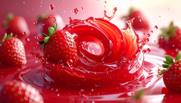 Elegant Strawberry Jam with Swirl of Splashes and Flying Strawberries, Photorealistic 3D Rendering. Moving thick red liquid frozen in time, glossy texture, dynamic fruit composition, isolated clean ba