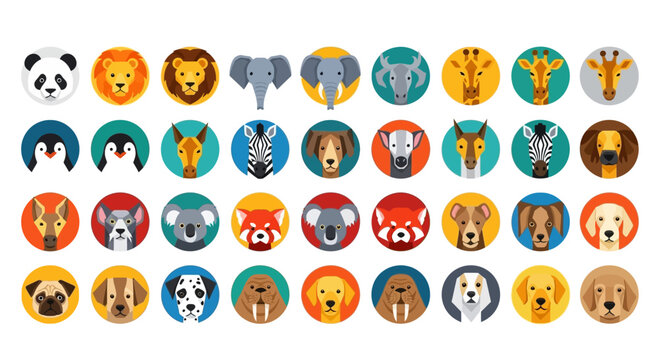 Large Collection of Flat Design Animal Face Icons in Circular Frames.