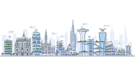 Obraz premium Illustration of a futuristic city skyline with sleek skyscrapers and modern architecture in shades of blue and gray against a white background.