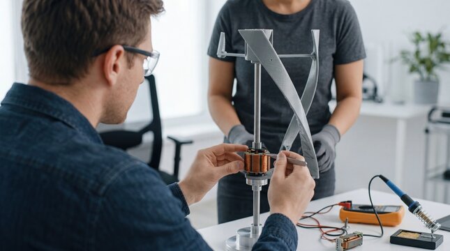 Engineers assembling prototype of vertical axis wind turbine in laboratory, team working on renewable energy technology model with tools and electronic components, innovation and