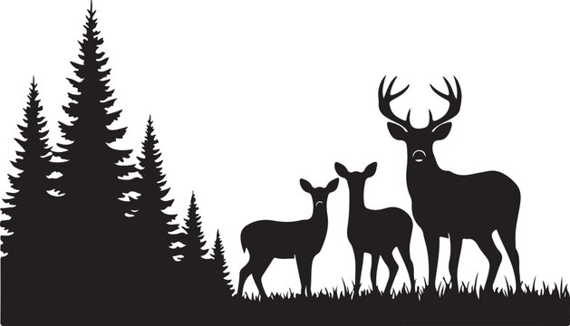 Deer family silhouette, forest animals, wildlife icons, black vector graphics