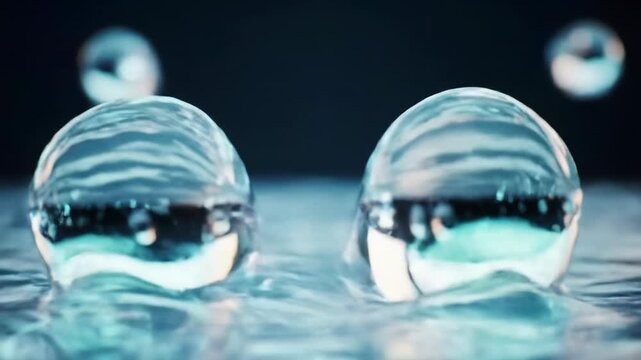 Translucent, reflective digital spheres coalesce and split on a glowing liquid surface in a futuristic landscape with ethereal spheres, concept of technological innovation