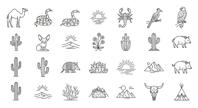 Set of desert theme hand drawn icons and elements.