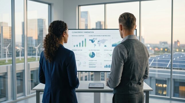 Corporate executives reviewing clean energy innovation and global sustainability metrics on large display in high-rise office with city view, renewable adoption and efficiency