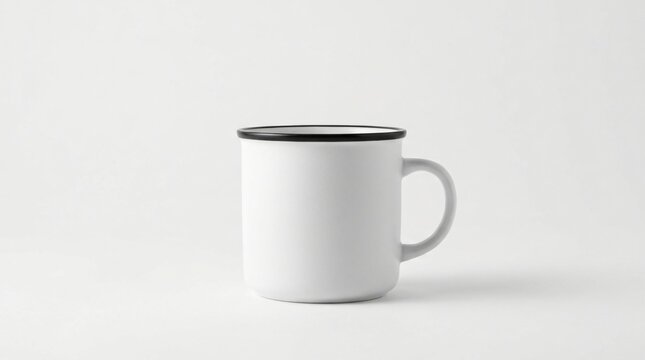 A simple, clean white enamel camping mug with a black rim sits centered against a stark white background, perfect for product mockups and lifestyle branding