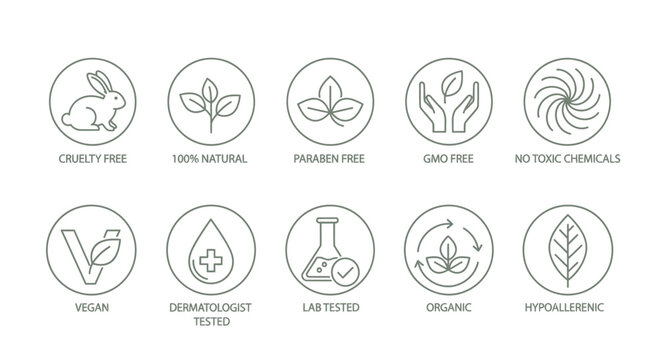 Set of ten circular cosmetic product feature icons.