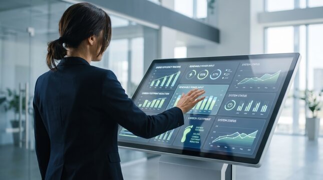 Woman interacting with large touch screen displaying energy efficiency and carbon footprint data, smart building management system interface for monitoring renewable power input