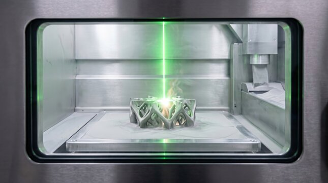 Close up of 3D printer using laser sintering to create metal part, additive manufacturing and industrial production technology