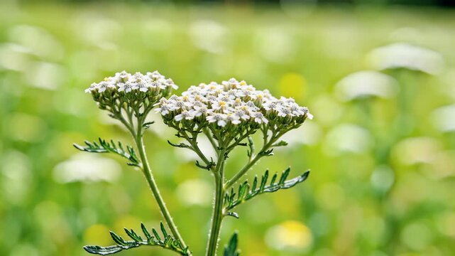 Closeup of Yarrow Flowers Blooming in a Sunny Meadow.