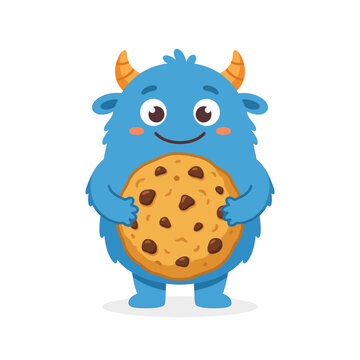 a cute blue monster holding giant cookie with chocolate chip