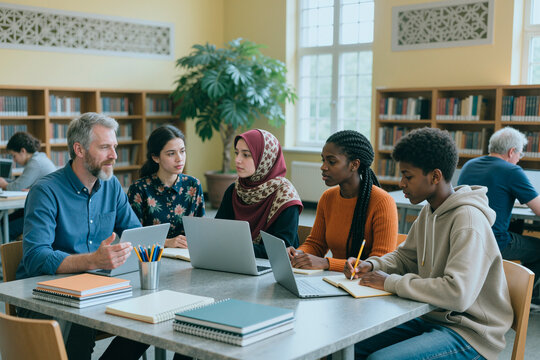 Middle aged Caucasian male teacher guiding diverse young people using laptops and taking notes in library. Ideal for education marketing, tutoring, teamwork campaigns