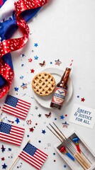 Fototapeta premium American independence day celebration flat lay with a small apple pie a bottle of soda miniature flags red white and blue star confetti and sparklers on a white background