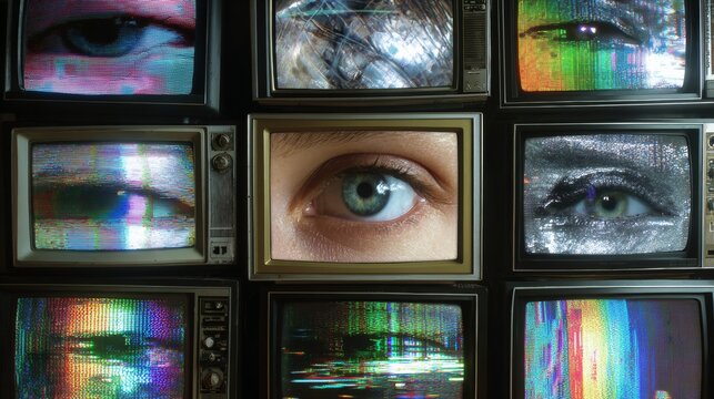 Collage of retro televisions showing close-up human eyes with digital noise and color distortion, symbolizing surveillance, privacy, media control, and technology anxiety