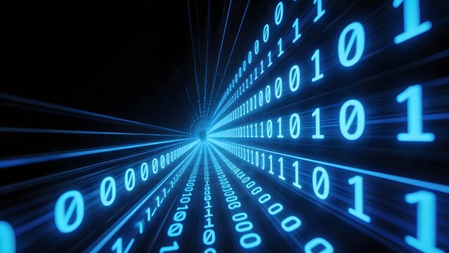 Binary code tunnel with glowing numbers