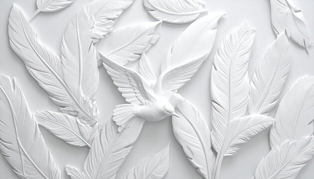 A macro illustration of white bird feathers on a black background creates a detailed nature pattern with an ornamental texture for elegant art and design