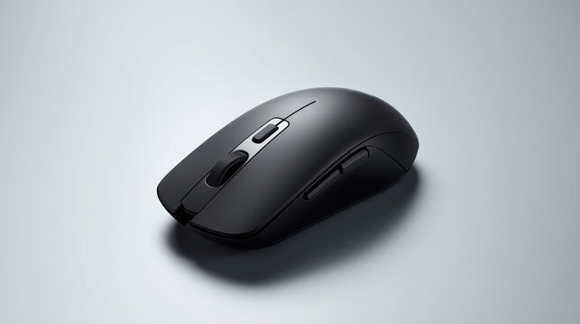Sleek black wireless computer mouse with soft shadow and diffused light