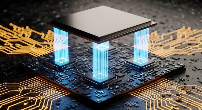 futuristic glowing data cube on circuit board with neon blue light technology concept