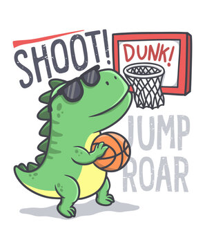 Dinosaur Playing Basketball illustration hand drawn vector for print on t-shirt and other uses