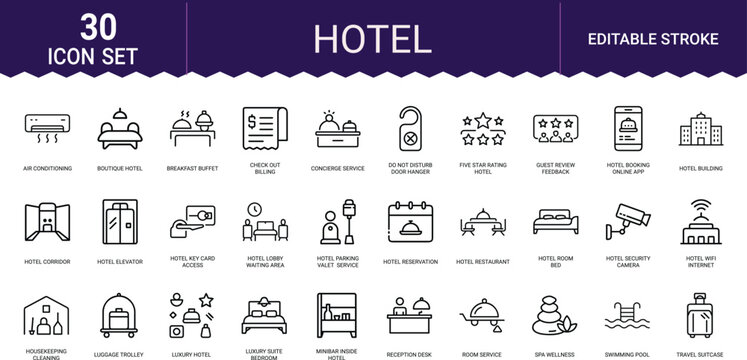 Hotel services icon set featuring accommodation travel amenities and guest room facilities.
