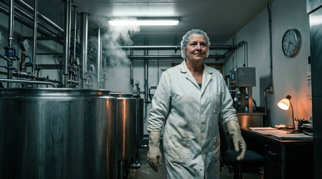 Experienced Female Worker in White Uniform Smiling in Industrial Food Processing Plant.