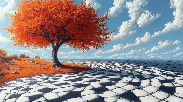 Digital illustration of a lone orange autumn tree beside a vast curved stone mosaic plain under a blue sky with dramatic clouds, fantasy landscape background