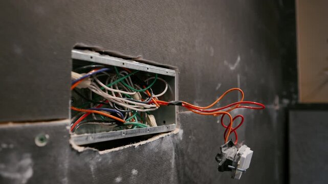 Open electrical wall box with exposed wires during installation or repair. Concept of home renovation, electrical work, wiring, and construction process.