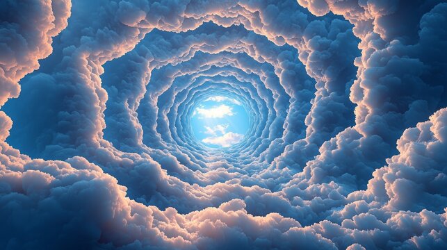 Abstract 3D illustration of a swirling cloud tunnel forming a spiral vortex toward a bright blue sky opening, soft light and fluffy texture for fantasy backgrounds