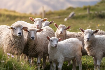 Fototapeta premium Herd of sheep in a sunny rural landscape with herd animal domestic animal livestock farming