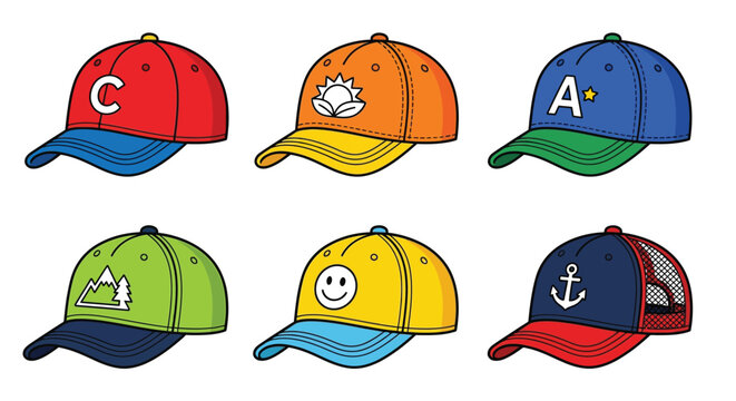six colorful baseball caps with various designs on white background