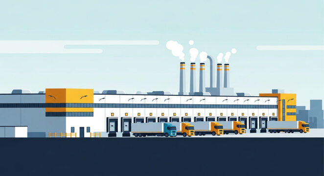Modern industrial warehouse building with loading docks and trucks.