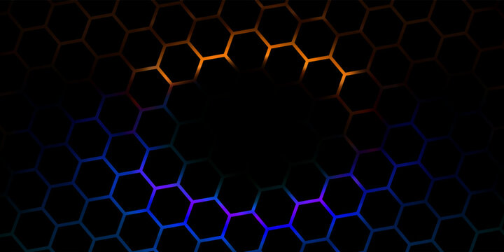Dark red and blue hexagon abstract technology background with red and blue colored bright flashes under hexagon. Hexagonal gaming vector abstract tech background.